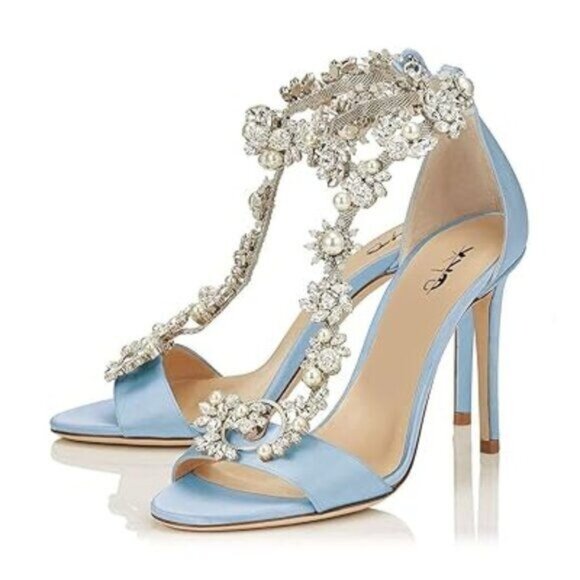 XYD Party Evening High Heel Shoes Stilettos Wedding Rhinestones Sandals T-Strap - Picture 1 of 8